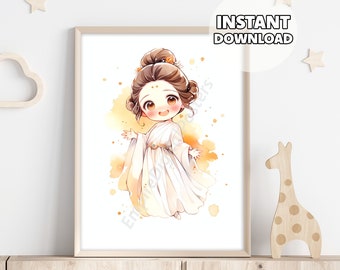Poster con disegno carino di Leia in acquerello - Star Wars Wall Art, decorazione per la cameretta dei bambini, stampe per bambini, download digitale, poster stampabile, poster del film