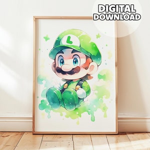 Drawing Super Mario Bros Poster - Mario and Luigi, Prints for Kids, Watercolor Painting, Digital Download, Ready to Print, Luigi Poster