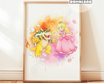 マリオ無敵スター水彩画プリント、オタク系ビデオゲームスーパーマリオ