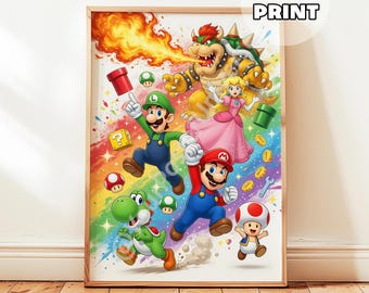 May include: A framed digital print featuring a vibrant illustration of characters from the Super Mario video game series. Mario, Luigi, Yoshi, Princess Peach, Bowser, and Toad are depicted in a colorful, action-packed scene with a rainbow background.