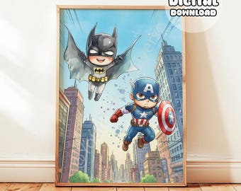 Superhero Comics Poster - Hand-Drawing Wall Art, Avengers Prints, Hero Decoration, Boys Room Decor, Digital Print, Captain America Playroom