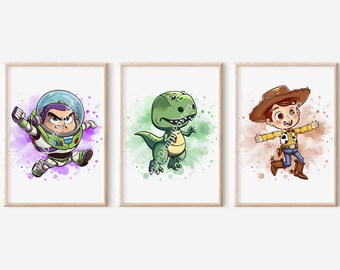 Conjunto de 3 impresiones de Toy Story: descarga digital, decoración del dormitorio de los niños, arte de la sala de juegos, regalo para niños, carteles de juguetes, impresiones de la guardería, salpicaduras