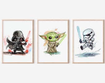 スターウォーズ ポスター デコレーション 3 枚セット - スターウォーズ ライトセーバー、ウォールアート、保育園プリント、デジタルダウンロード、印刷可能なポスター、ダースベイダー