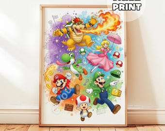 May include: A framed digital print featuring colorful illustrations of characters from the Super Mario video game series. The artwork includes Mario, Luigi, Princess Peach, Bowser, Yoshi, and Toad, with the words "DIGITAL PRINT" in a white circle.