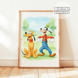 May include: A framed print featuring Pluto and Goofy in a park setting. Pluto, a yellow dog with a red collar, sits on the grass. Goofy, wearing an orange shirt, blue overalls, and a green hat, is standing. The text "DIGITAL DOWNLOAD" is in a white circle.