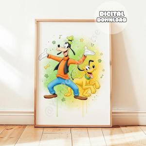 May include: A framed digital download featuring a cartoon illustration of Goofy and Pluto. Goofy is wearing an orange shirt, blue pants, and a green hat. Pluto is yellow. The background has green and yellow watercolor effects, with musical notes and stars.