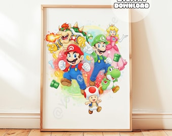 グンバの水彩画プリント、マリオブラザーズのビデオゲームの壁飾り