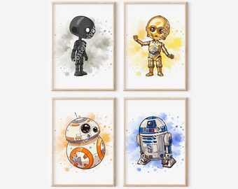 4 Droids Star Wars Plakaty - Sztuka ścienna, Wydruk do pokoju dziecięcego, BB8, C-3PO, R2-D2, Malarstwo akwarelowe, Wydruki dla dzieci, Prezent Star Wars, Sztuka cyfrowa