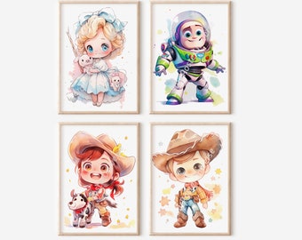 Set Of 4 Toys Poster - Wall Decor, Nursery Prints, Digital Download, Fairy Tale Poster Set, Woody, Watercolor, Kids Room, Baby Room Shower