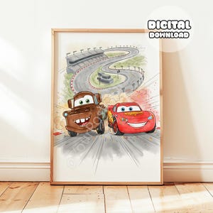 May include: A framed watercolor print featuring two cartoon race cars on a racetrack. One car is red, the other is brown. The background shows a race track and grandstand. The text "DIGITAL DOWNLOAD" is in a white circle.