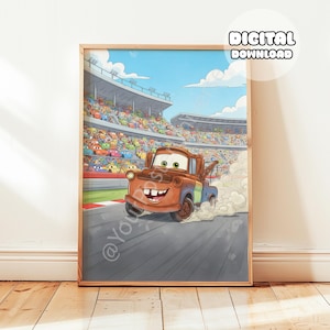 May include: A framed digital download print featuring a cartoon illustration of Mater from the Cars movie. Mater, a brown tow truck, is racing on a track, kicking up dust. The background shows a stadium filled with animated cars and spectators under a blue sky.