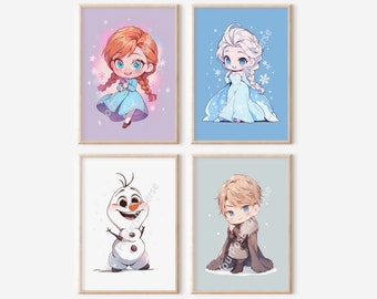 Set Of 4 Cartoon Frozen Poster - Princess Elsa, Wall Decor, Girls Room, Baby Room Shower, Gift For Girls, Baby Gift, Printable Poster Art
