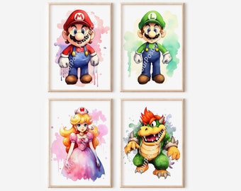 Set Of 4 Super Mario Wall Art - Watercolor Painting, Princess Peach, Mario and Luigi, Retro gaming, Digital Prints, Nursery Room Decoration