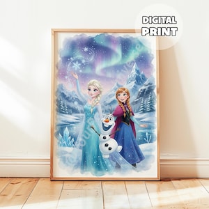 May include: A framed digital print featuring Elsa and Anna from Frozen, with Olaf the snowman. The artwork depicts the characters in a winter landscape with an aurora borealis in the background. The print is labeled "DIGITAL PRINT".
