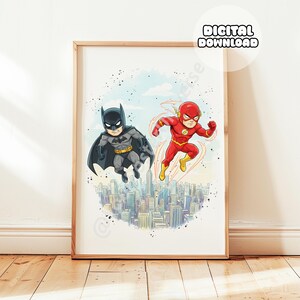 May include: Framed print depicting Batman and The Flash in a cartoon style, soaring above a city skyline. Batman is in a black and grey suit, and The Flash is in a red suit. The print includes the text "DIGITAL DOWNLOAD".