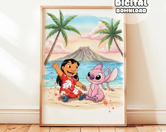 Hand-Drawing Stitch Print - Drawing Angel & Lilo, Ohana Means Family, Gift for Kids, Birthday Gift, Baby Shower Gift, Stitch Themed