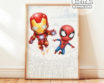 Könnte beinhalten: Gerahmter Druck mit Iron Man und Spider-Man, die über einer Stadt fliegen. Iron Man trägt einen rot-goldenen Anzug, Spider-Man einen rot-blauen. Der Druck enthält den Text "DIGITALER DOWNLOAD" in einem weißen Kreis.