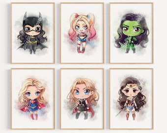 Set Of 6 Superhero Girls Wall Art - Nursery Wall Decor, Prints for Kids, Girls Bedroom, Ready to Print, Party Decoration, Superhero Poster