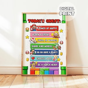 Lámina con mensajes de Super Mario: láminas para niños, decoración para el aula, temática de Mario, descarga digital, decoración para la sala de juegos, decoración de pared para motivarse por la mañana. imagen 1