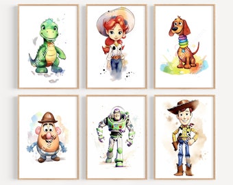 Conjunto de 6 carteles de juguetes - Descarga digital, Decoración de dormitorio para niños, Regalo para niños, Sala para niños, Arte de sala de juegos, Conjunto de carteles imprimibles, Acuarela