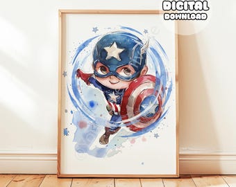 Póster de superhéroe para bebé - Impresiones para niños, Capitán América inspirado en bebés, Baby Shower, listo para imprimir, arte de pared, decoración de pared