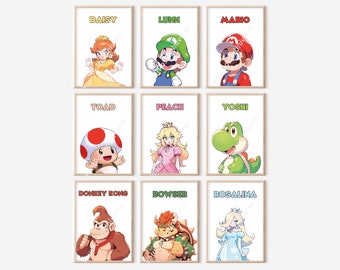 Set Of 9 Super Mario Posters - Mario Wall Art, Nursery Decor, Mario and Luigi, Digital Print, Gaming Room, Princess Peach, Kids Room Decor