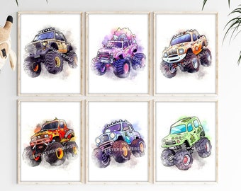 Set Of 6 Monster Truck Poster - Kids Room, Nursery Print, Boys Room, Boys Room, Printable Posters, Watercolor Painting, Decoration, Car Art
