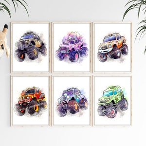 Set Of 6 Monster Truck Poster - Kids Room, Nursery Print, Boys Room, Boys Room, Printable Posters, Watercolor Painting, Decoration, Car Art