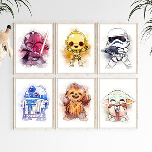 Star Wars Decor - Wall Art, Movie Poster, Wall Decor, Kids Room, Chibi Style, Watercolor Painting, Mandalorian, Nursery Decor, Set Of 6 Art