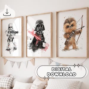 3 Drawing Star Wars Prints - Nursery Star Wars Poster, Gift for Kids, Darth Vader, Movie Poster, Playroom Decor, Gaming Room, Digital Art