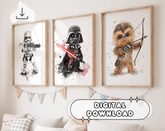3 Star Wars-afdrukken tekenen - Star Wars-poster kinderkamer, cadeau voor kinderen, Darth Vader, filmposter, speelkamerdecor, gamingkamer, digitale kunst