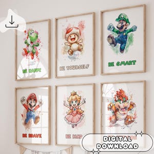 マリオ ウォールアート 6 点セット - 子供部屋用プリント、ウォールアート、スーパーマリオ ベッドルーム、子供へのギフト、デジタルプリント、印刷可能なポスターセット、ベビーシャワー