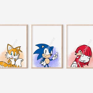 ソニック・ザ・ヘッジホッグのプリント3枚セット - 子供用ポスター、ソニック、ナックルズ、テイルズ、ベビーシャワーギフト、プレイルームの装飾、水彩画の壁アート