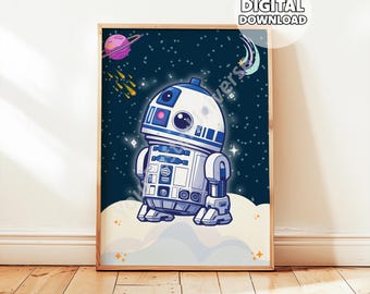 May include: A framed digital art print showing a cartoon robot in white and blue against a dark blue starry background. The artwork includes planets, shooting stars, and the text "DIGITAL DOWNLOAD". The robot is on a cloud.