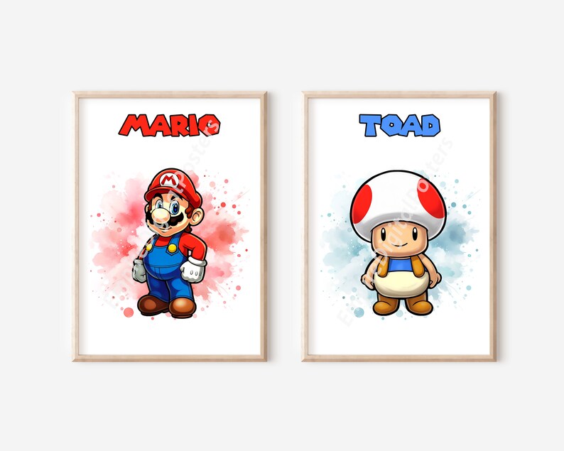 4 Super Mario Bros Posters - Wall Decor, Watercolor Mario and Luigi ...