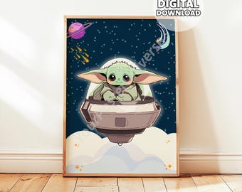 May include: A framed digital download print showing a cartoon green alien-like character in a hovering pod. The background is a dark blue space scene with planets, stars, and a shooting comet. The print is labelled "DIGITAL DOWNLOAD".