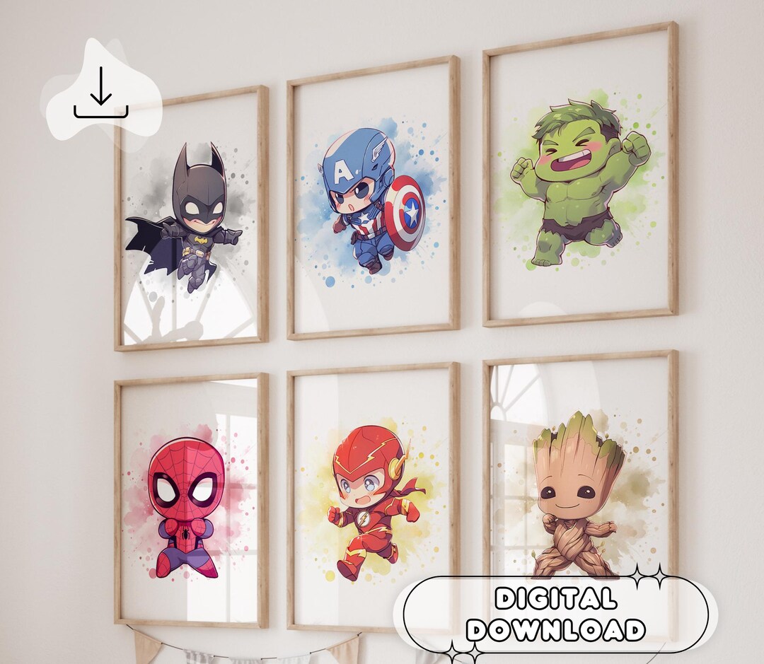 6 Drawing Superheroes Wall Art - Nursery Prints, Gift for Kids ...