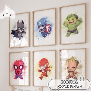 6 Zeichnung Superhelden Wandkunst - Kinderzimmer Drucke, Geschenk für Kinder, Superheld Dekoration, KIds Zimmer Dekor, digitaler Download, bereit zum Druck, Kunst