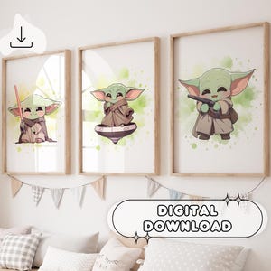 3 carteles de Baby Yoda en acuarela: dibujo de Star Wars, arte de pared, decoración de guardería, impresiones para niños, descarga digital, decoración de habitación infantil, imprimible