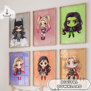 Set Of 6 Watercolor Girls Superheroes Clipart - Posters for Kids, Girls Room Decor, Baby Room Shower, Digital Print, Printable Superhero Art