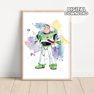 Nursery Toy Story Wall Art - Prints for Kids, Playroom Art, Children Room, Digital Download, Watercolor Drawing Buzz Lightyear, Kids Decor