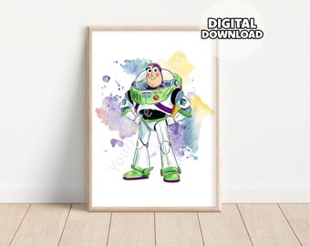 Nursery Toy Story Wall Art - Prints for Kids, Playroom Art, Children Room, Digital Download, Watercolor Drawing Buzz Lightyear, Kids Decor