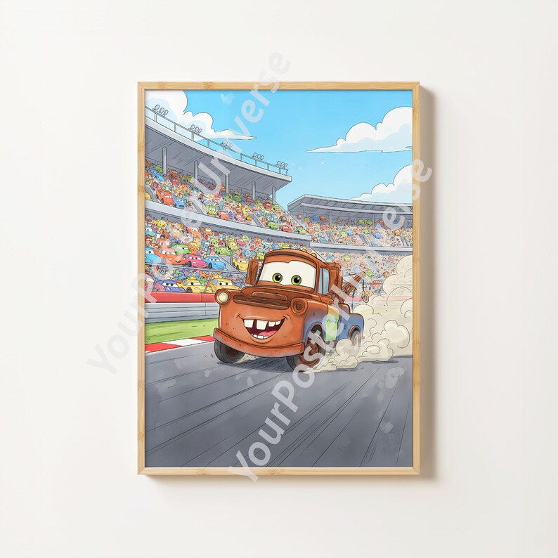 May include: A framed print featuring a cartoon illustration of Mater from the movie Cars racing on a track. The brown tow truck is kicking up dust as it speeds past a crowd of spectators in the stands under a blue sky.