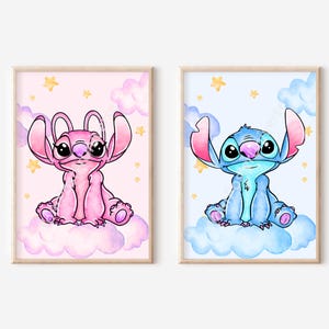 Nursery Stitch & Angel Prints - Drawing Wall Art, Baby Shower Gift, Stitch Themed, Colorful Watercolor, Playroom Decoration, Nursery Room