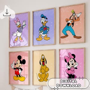 6 carteles de acuarela de Mickey y sus amigos: Mickey y Minnie, impresiones para guarderías, decoración de habitaciones infantiles, regalo para baby shower, descarga digital, impresiones