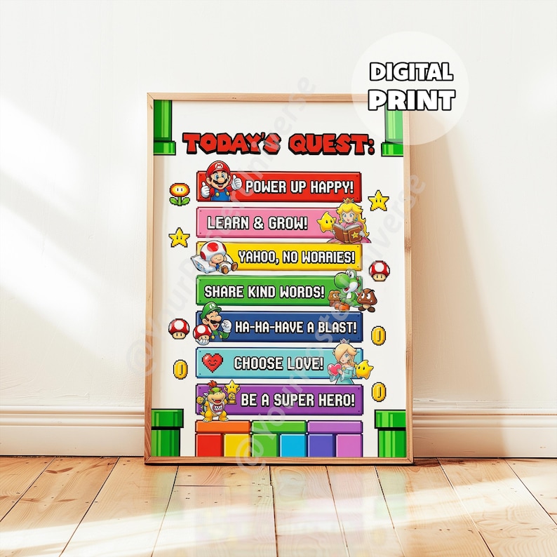 Lámina con mensajes de Super Mario: láminas para niños, decoración para el aula, temática de Mario, descarga digital, decoración para la sala de juegos, decoración de pared para motivarse por la mañana. imagen 1