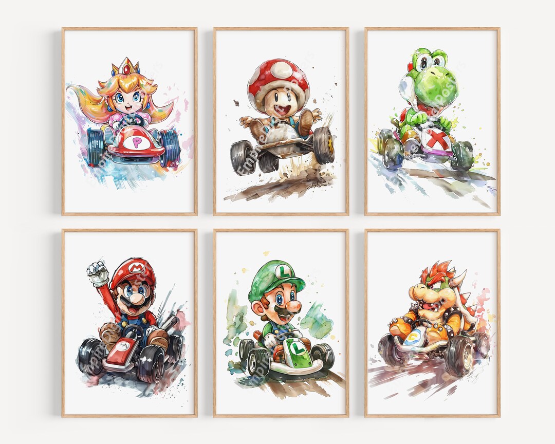 Set of 6 Super Mario Kart Nursery Prints, Wall Art, Mario and Luigi ...