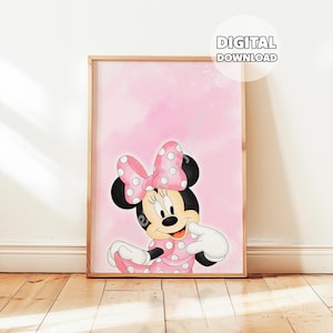 Drawing Pink Minnie Mouse Poster - Watercolor Minnie, Drawing Mickey & Friends, Girls Room Decor, Nursery Wall Art, Playroom Decoration