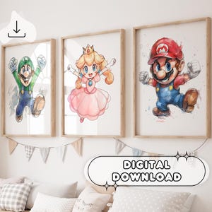 3 Super Mario Wall Art Posters - Prints for Kids, Mario and Luigi, Drawing Mario Poster, Princess Peach, Nursery Decor, Digital Download Art