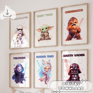 Set Of 6 Star Wars Posters - Star Wars Wall Art, Watercolor Star Wars, Movie Decor, Nursery Prints, Drawing Posters, Digital Download, Party